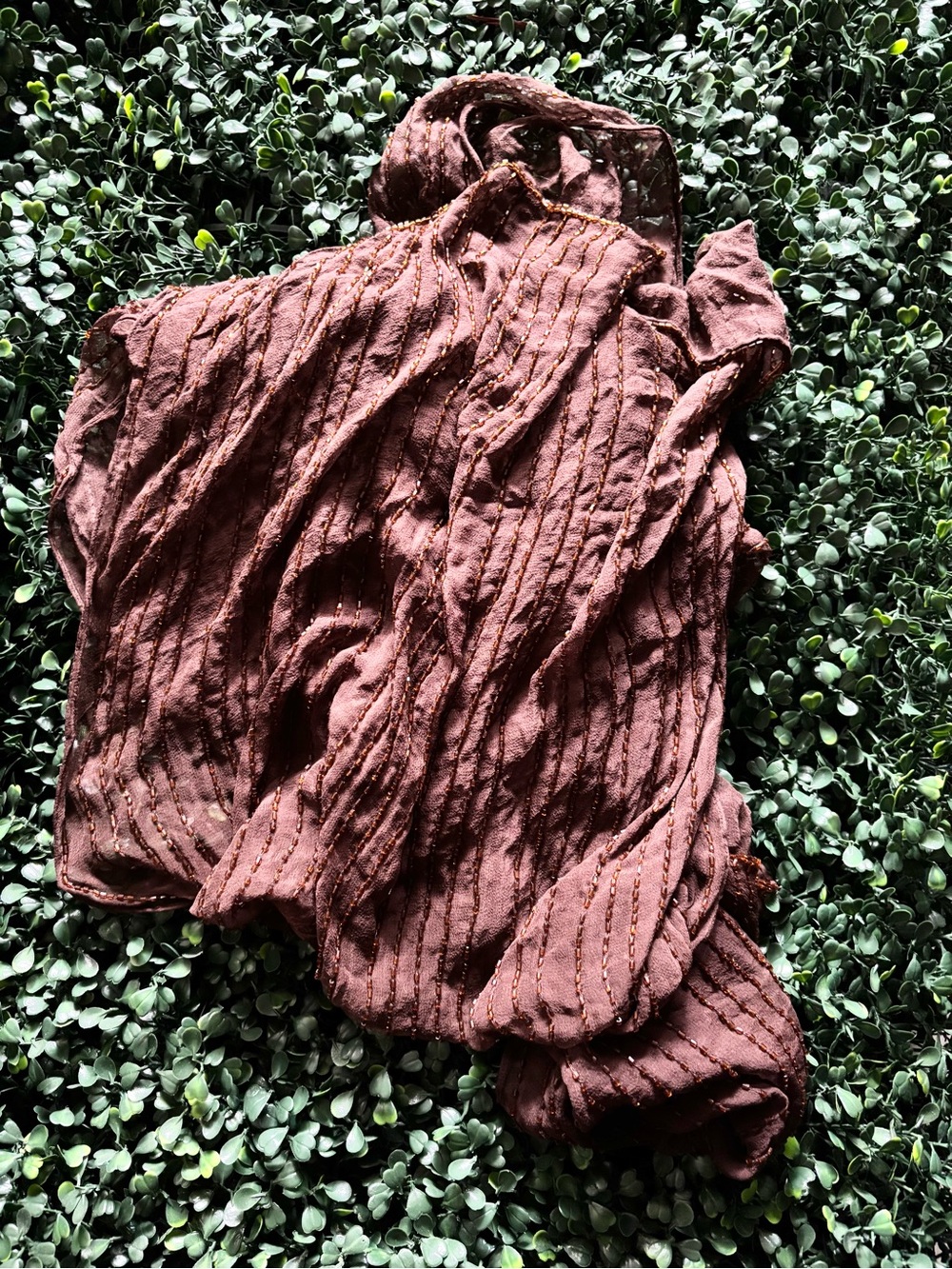 Crinkled Rust Brown Women's Blouse with Subtle Stitch Detail